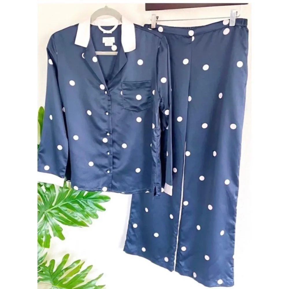 COPY - Kate Spade Navy and Pink Polka Dot Satin Pajamas Medium